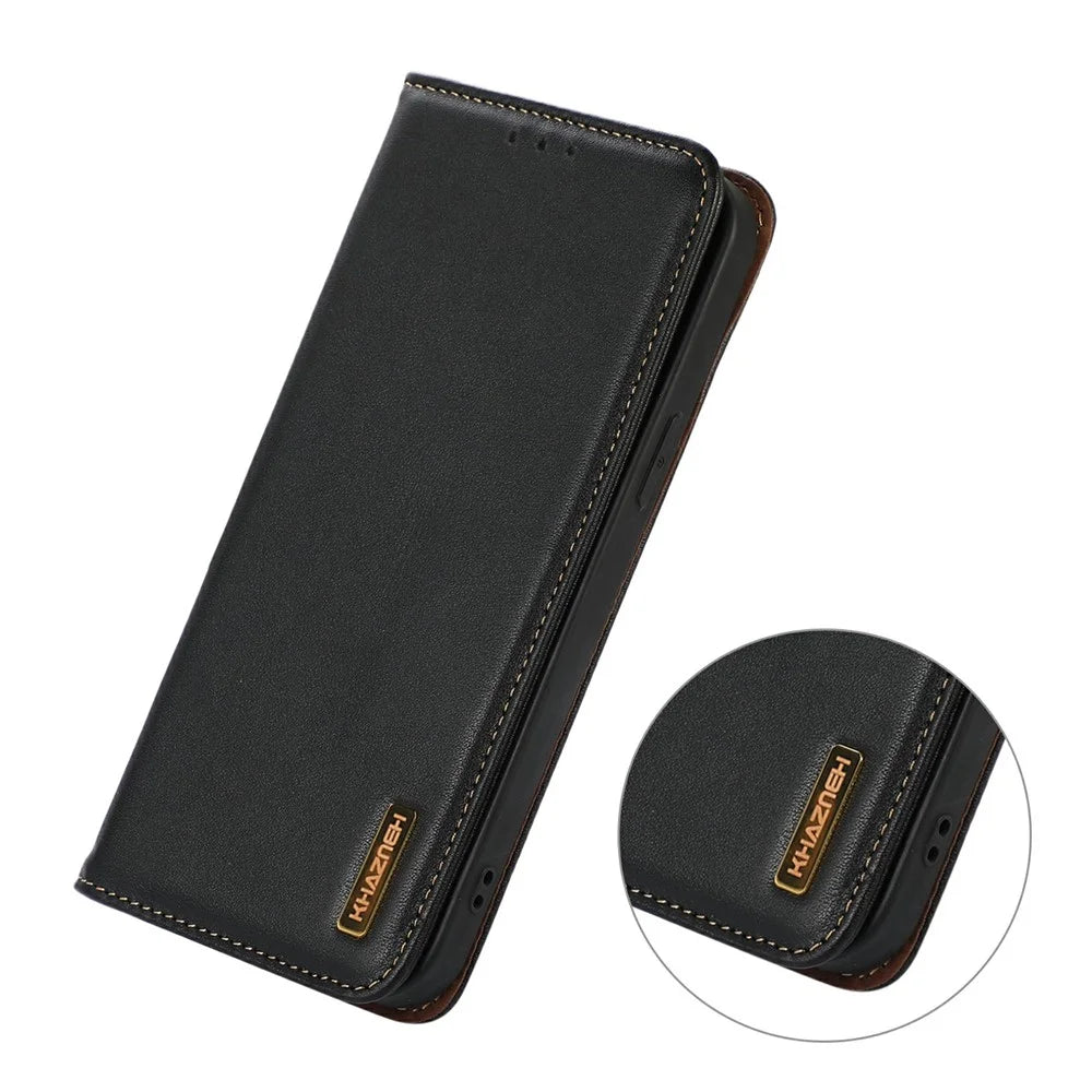 KHAZNEH For OnePlus Nord CE6 Lite 5G  /  Realme P4x 5G Case Wallet Genuine Cow Leather Phone Cover Nappa Texture - Black - 4