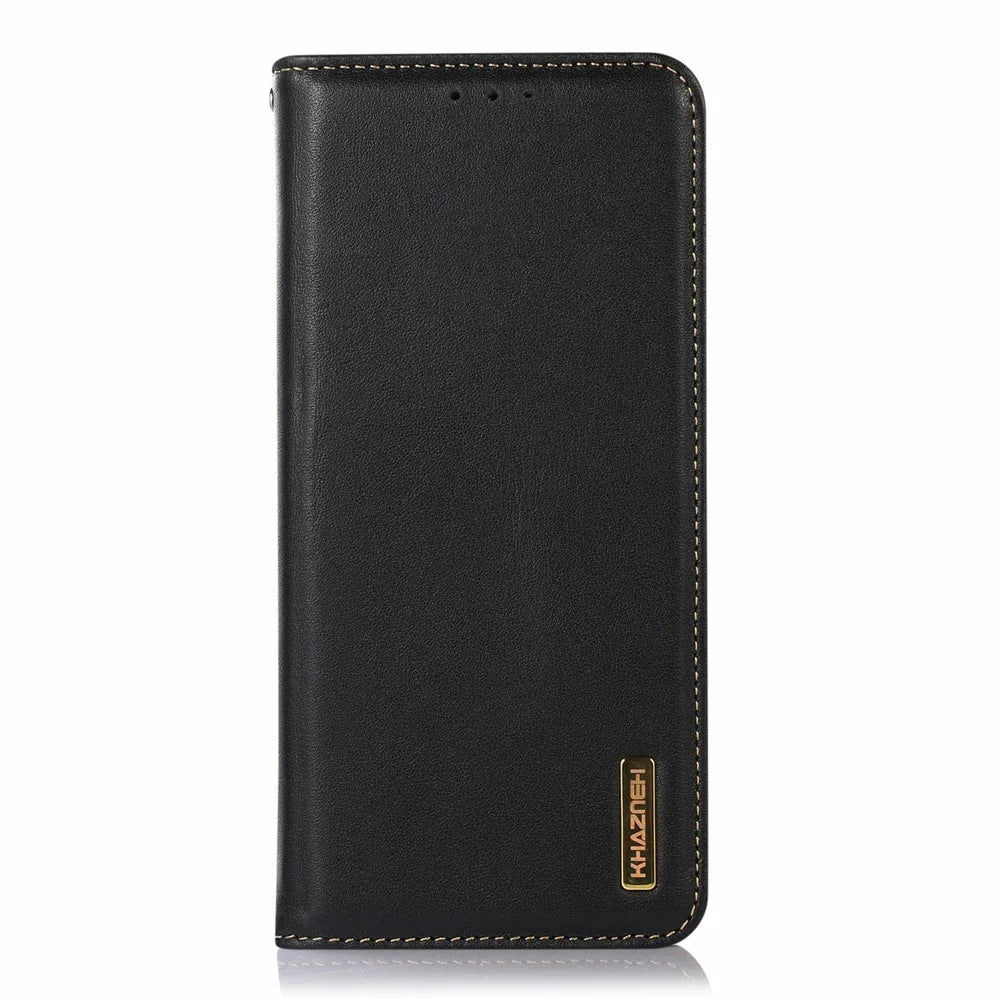 KHAZNEH For OnePlus Nord CE6 Lite 5G  /  Realme P4x 5G Case Wallet Genuine Cow Leather Phone Cover Nappa Texture - Black - 6