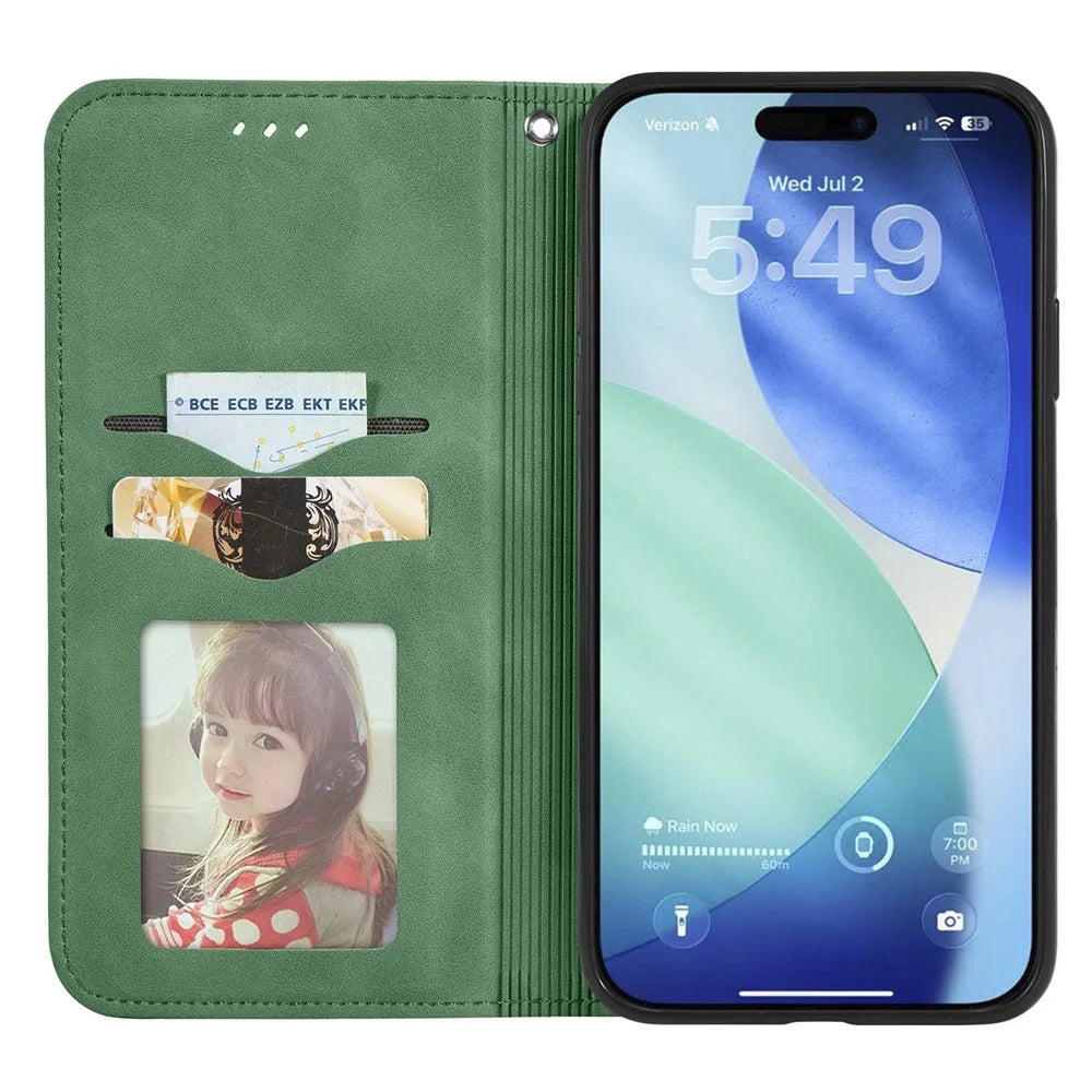 For Blackview Wave 7C Leather Case with Card Holder Magnetic Absorption Phone Cover - Green - 2