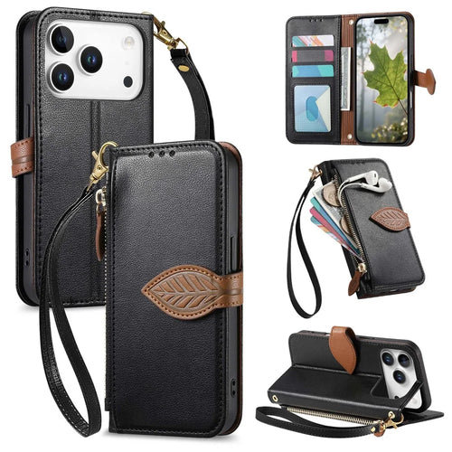 For Blackview Wave 7C Stand Case Leaf Shape Magnetic Clasp Leather Phone Cover with Hand Strap - Black - 1