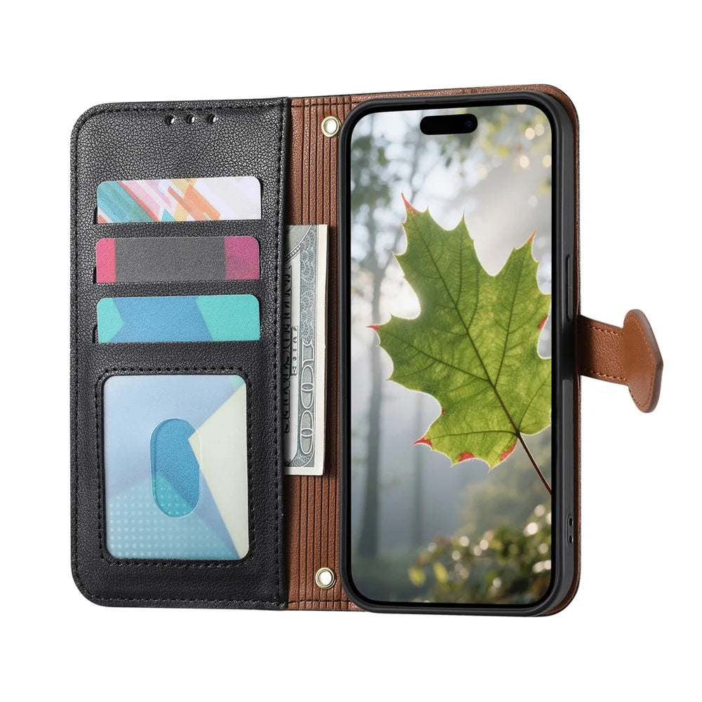 For Blackview Wave 7C Stand Case Leaf Shape Magnetic Clasp Leather Phone Cover with Hand Strap - Black - 2