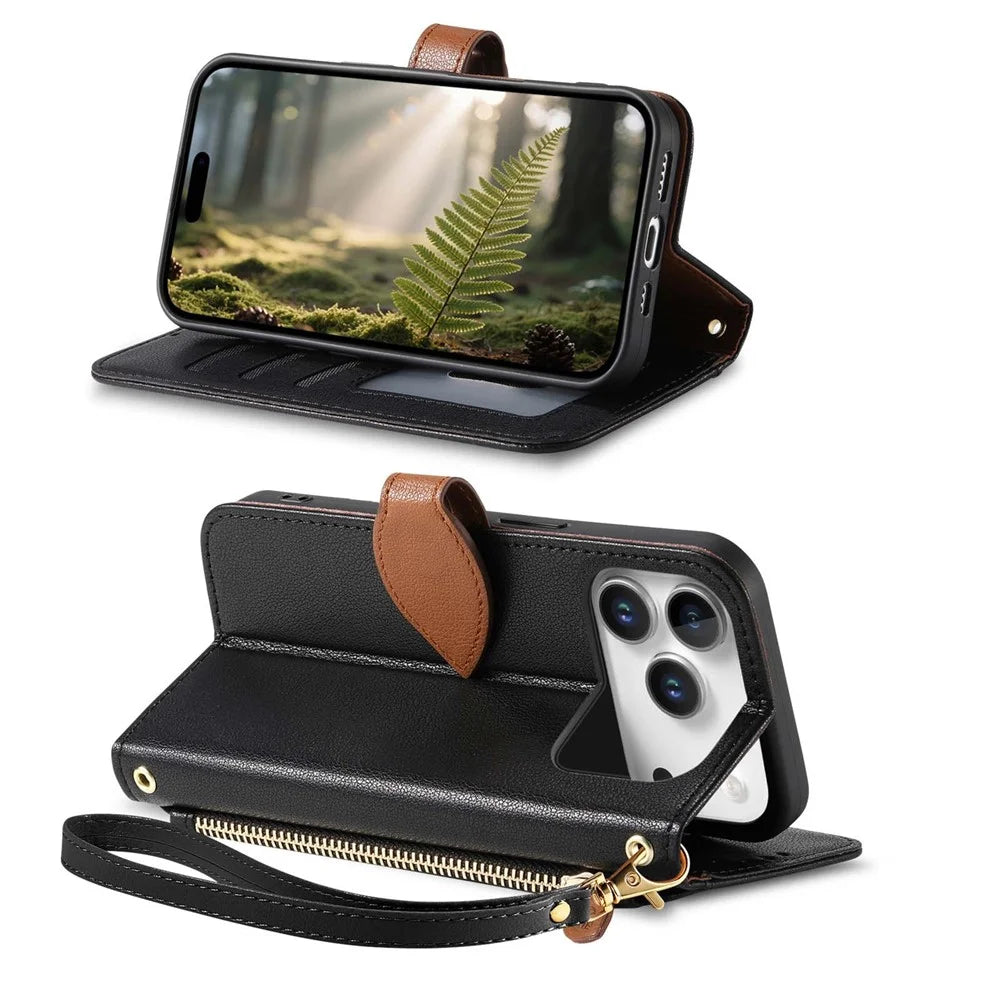 For Blackview Wave 7C Stand Case Leaf Shape Magnetic Clasp Leather Phone Cover with Hand Strap - Black - 3