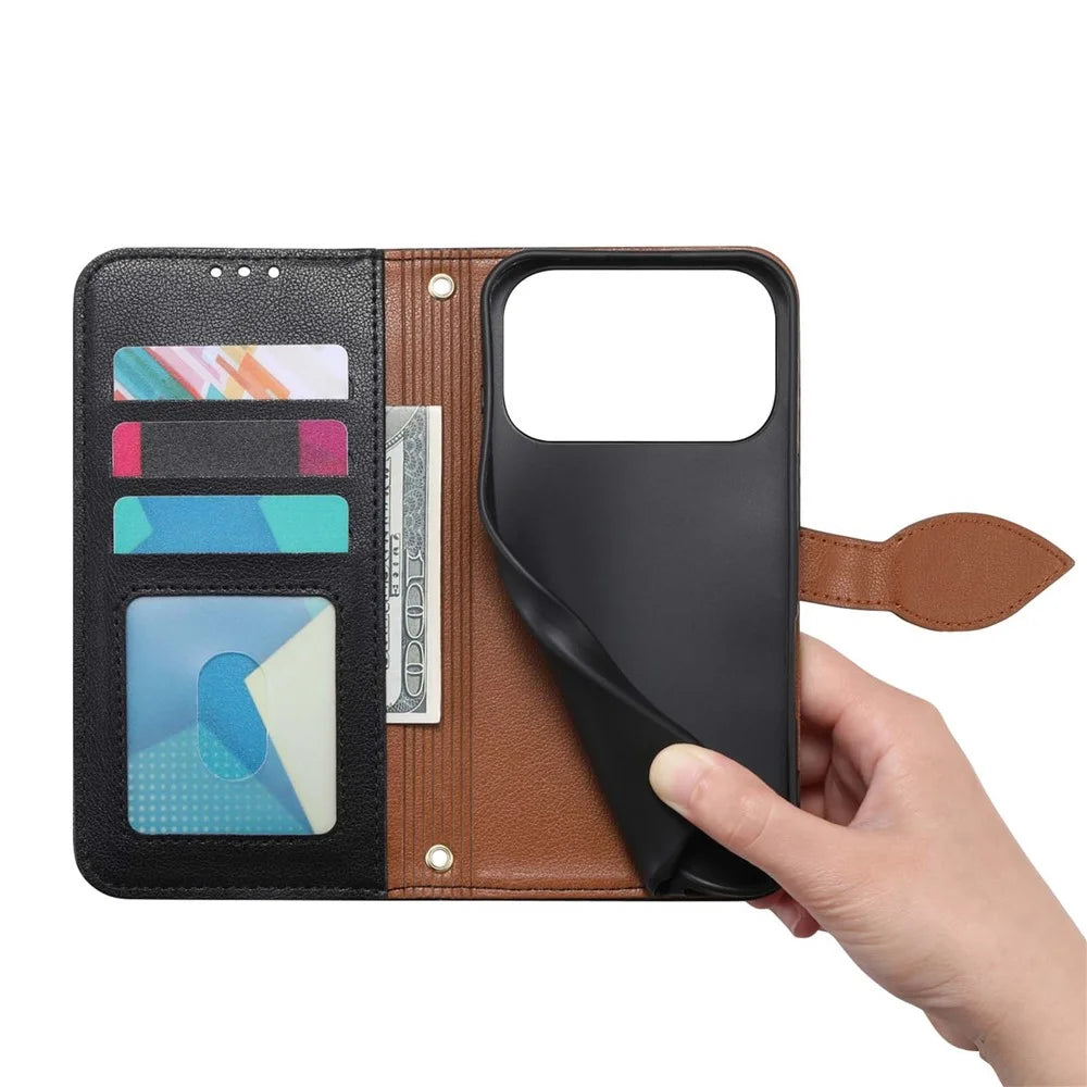 For Blackview Wave 7C Stand Case Leaf Shape Magnetic Clasp Leather Phone Cover with Hand Strap - Black - 4