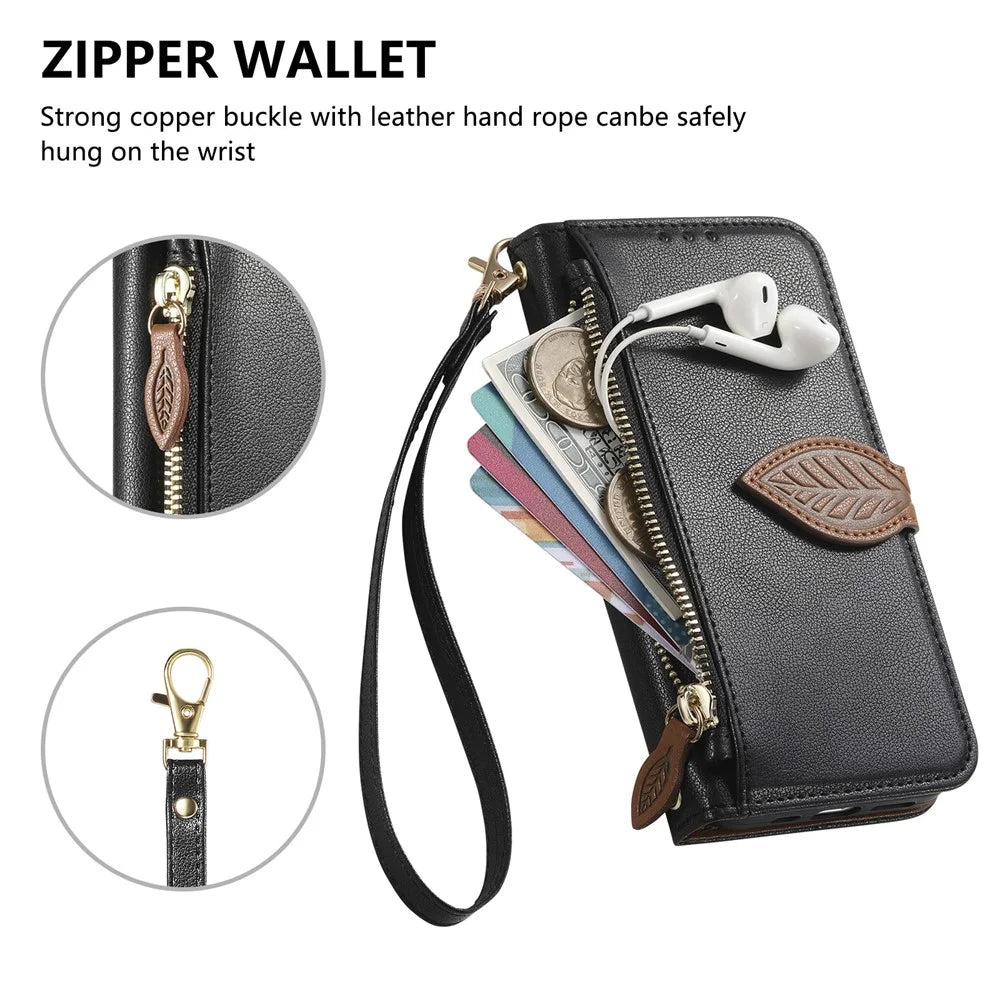 For Blackview Wave 7C Stand Case Leaf Shape Magnetic Clasp Leather Phone Cover with Hand Strap - Black - 6