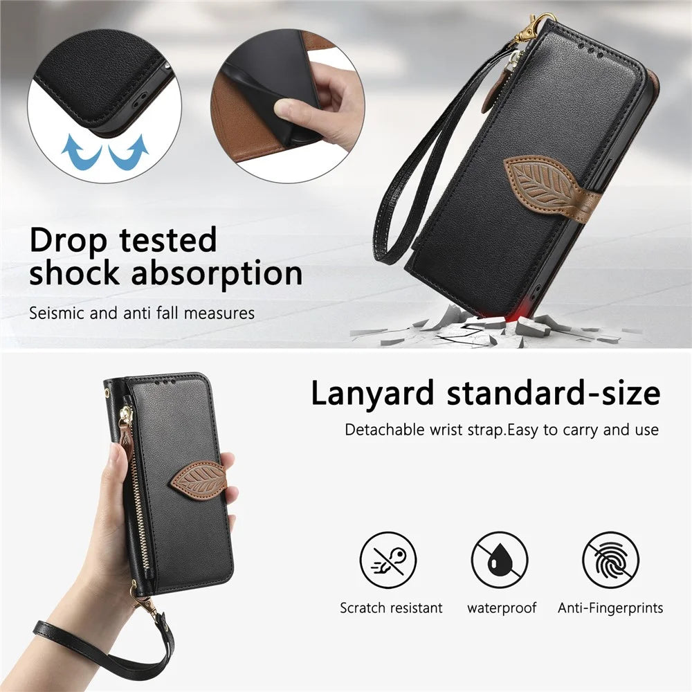 For Blackview Wave 7C Stand Case Leaf Shape Magnetic Clasp Leather Phone Cover with Hand Strap - Black - 7
