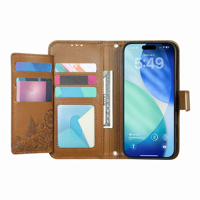 For Blackview Wave 7C Case Floral Leaf Pattern Multi Card Slots Zipper Leather Phone Cover with Wrist Strap - Brown - 2