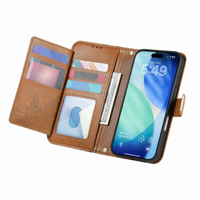 For Blackview Wave 7C Case Floral Leaf Pattern Multi Card Slots Zipper Leather Phone Cover with Wrist Strap - Brown - 3
