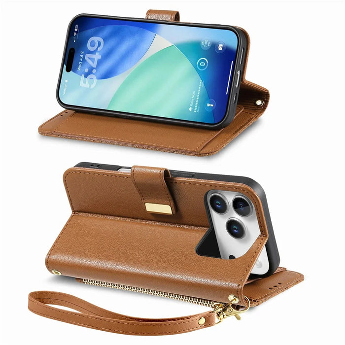 For Blackview Wave 7C Case Floral Leaf Pattern Multi Card Slots Zipper Leather Phone Cover with Wrist Strap - Brown - 5