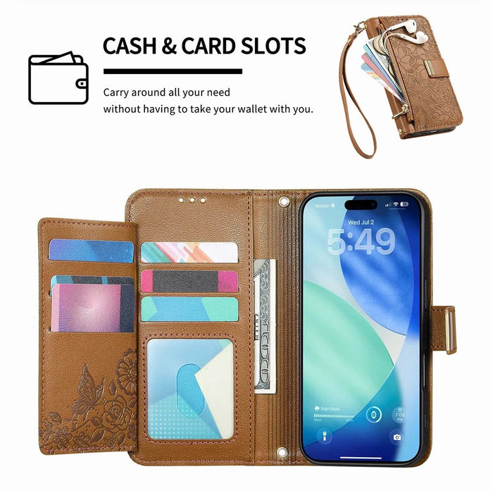 For Blackview Wave 7C Case Floral Leaf Pattern Multi Card Slots Zipper Leather Phone Cover with Wrist Strap - Brown - 6