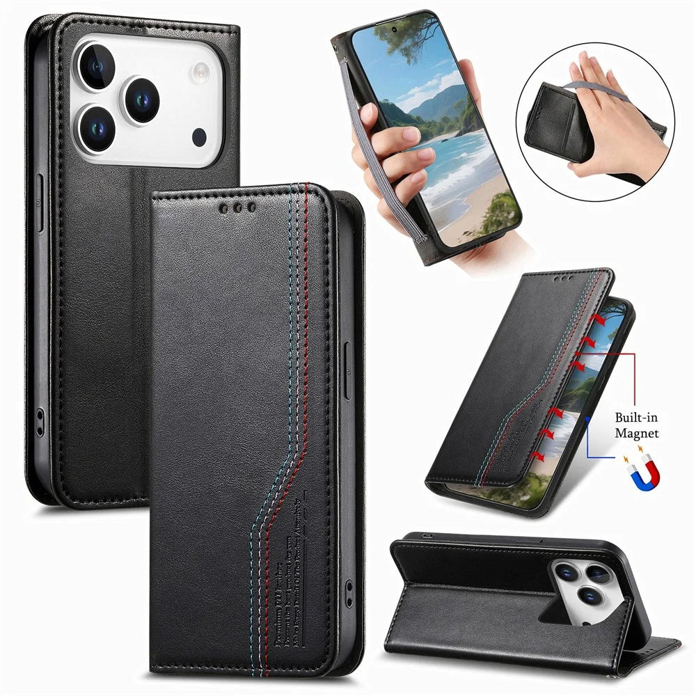For Blackview Wave 7C Case Wallet Tri-Color Stitching Leather Phone Cover with Elastic Wristband - Black - 1