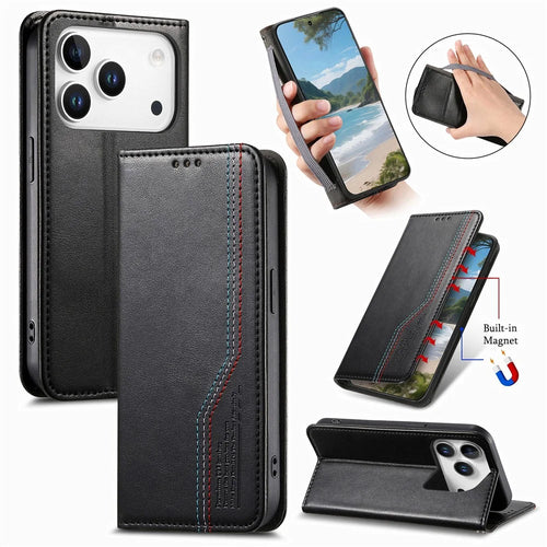 For Blackview Wave 7C Case Wallet Tri-Color Stitching Leather Phone Cover with Elastic Wristband - Black - 1