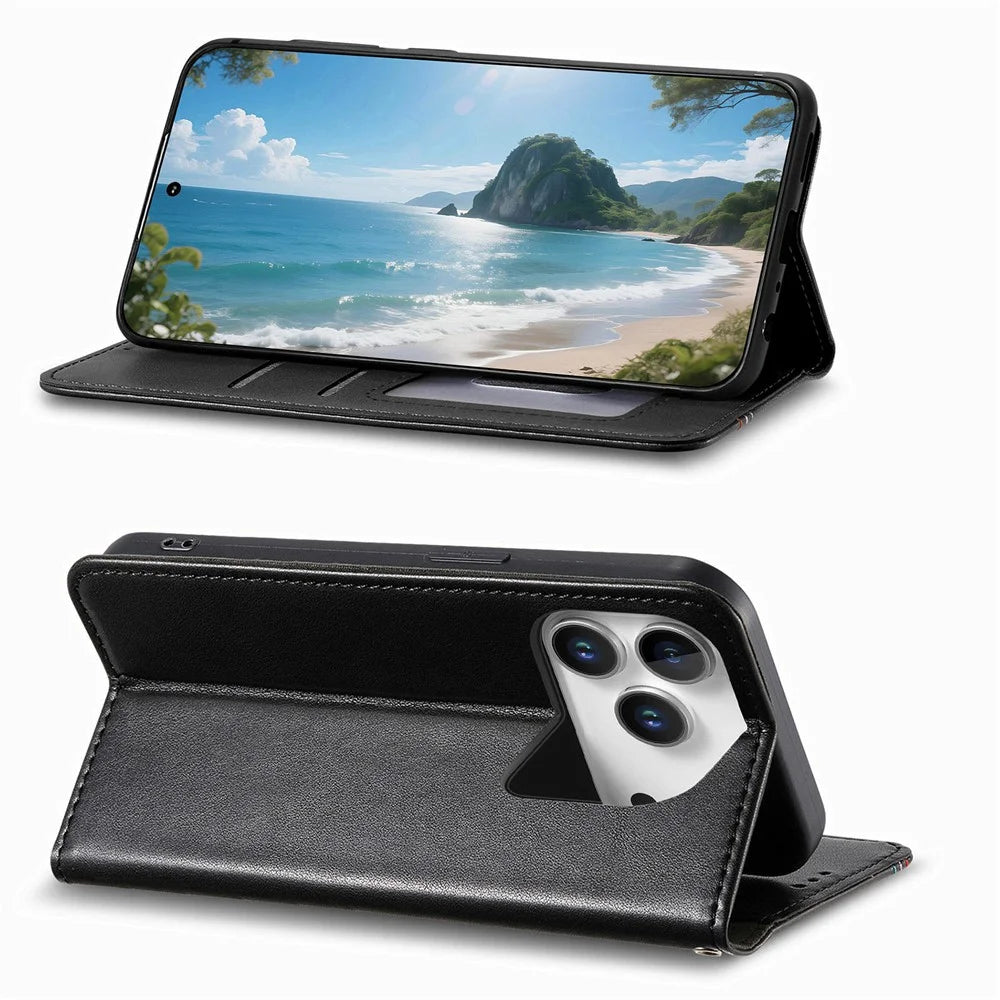 For Blackview Wave 7C Case Wallet Tri-Color Stitching Leather Phone Cover with Elastic Wristband - Black - 3
