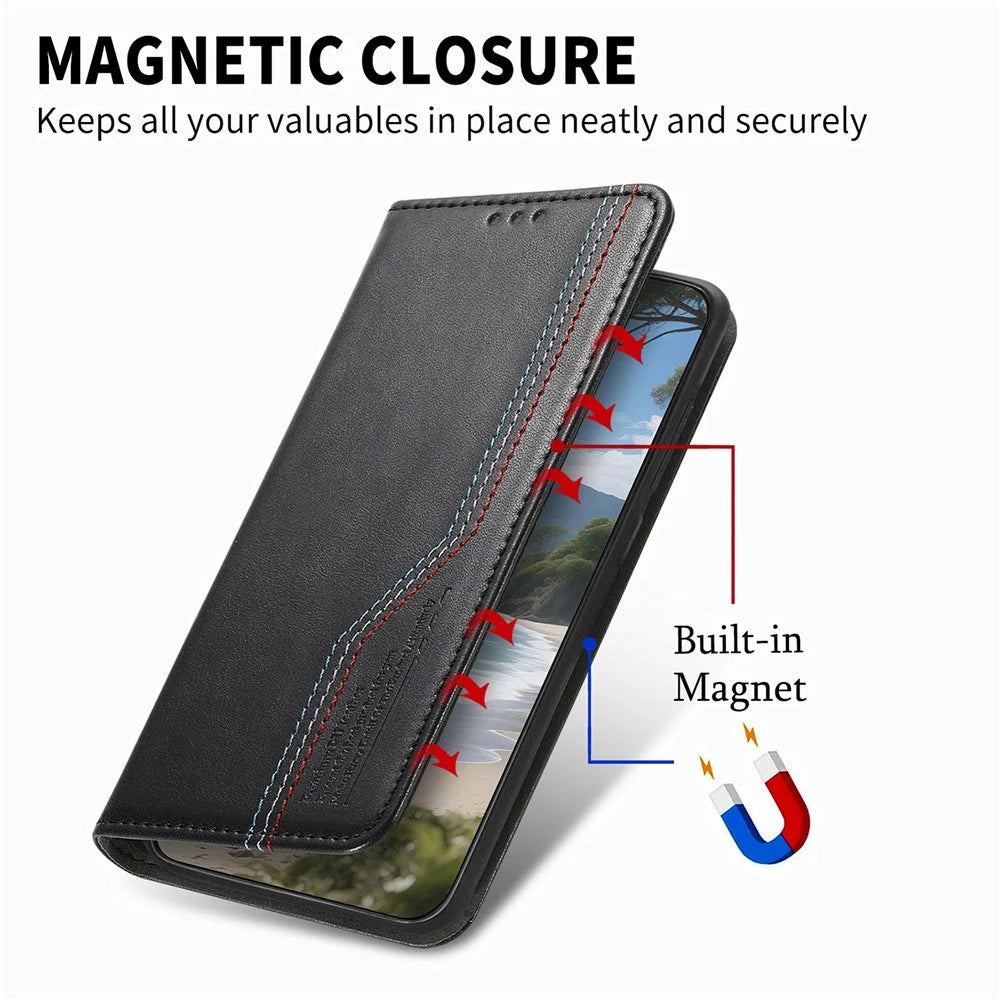 For Blackview Wave 7C Case Wallet Tri-Color Stitching Leather Phone Cover with Elastic Wristband - Black - 4
