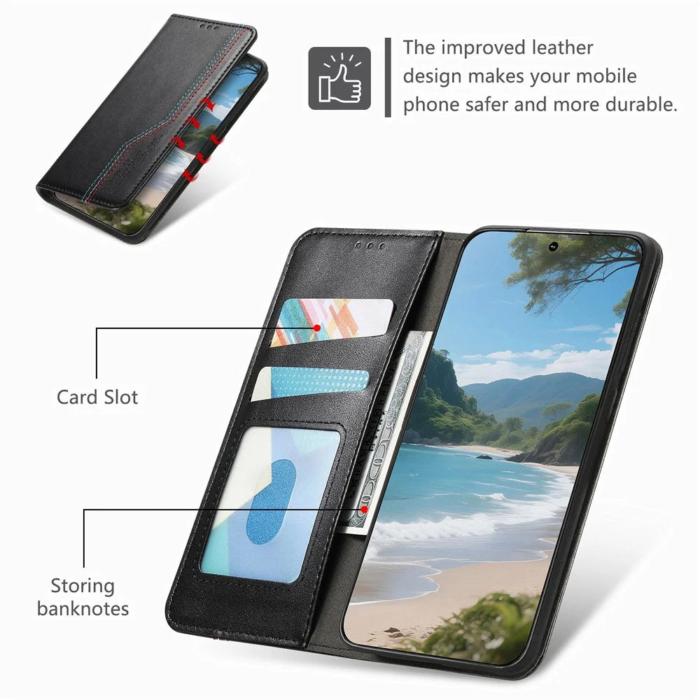 For Blackview Wave 7C Case Wallet Tri-Color Stitching Leather Phone Cover with Elastic Wristband - Black - 5