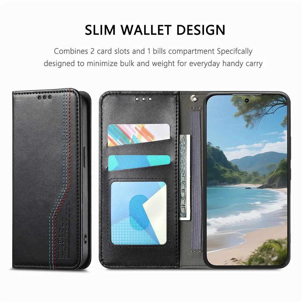 For Blackview Wave 7C Case Wallet Tri-Color Stitching Leather Phone Cover with Elastic Wristband - Black - 6