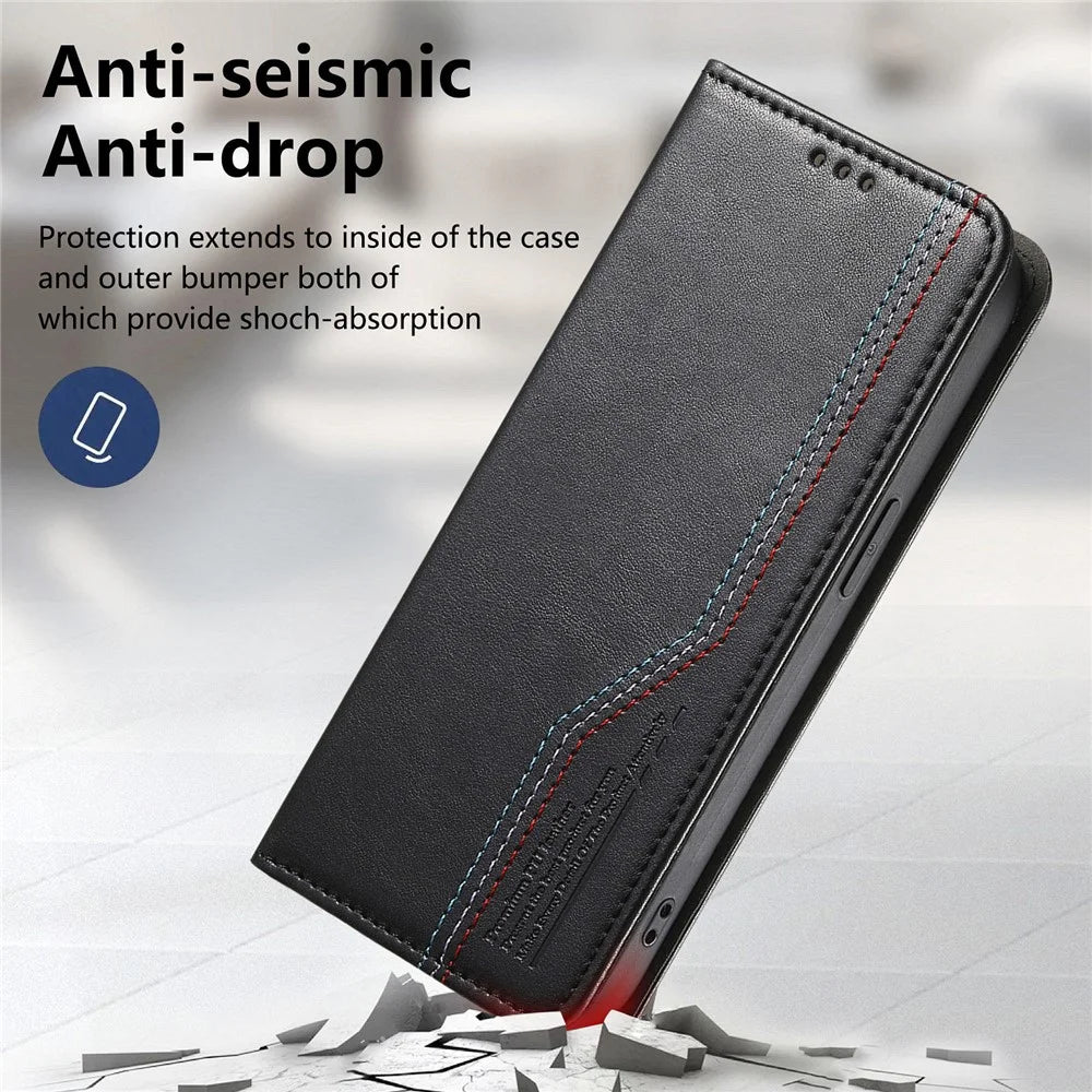 For Blackview Wave 7C Case Wallet Tri-Color Stitching Leather Phone Cover with Elastic Wristband - Black - 7