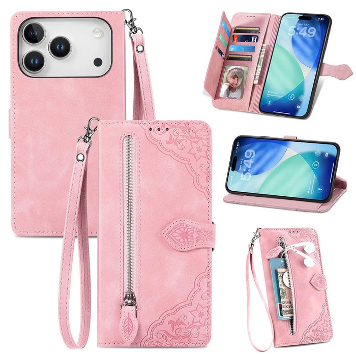 For Blackview Wave 7C Zipper Wallet Case with Strap Flower Imprint PU Leather Phone Cover - Pink - 1