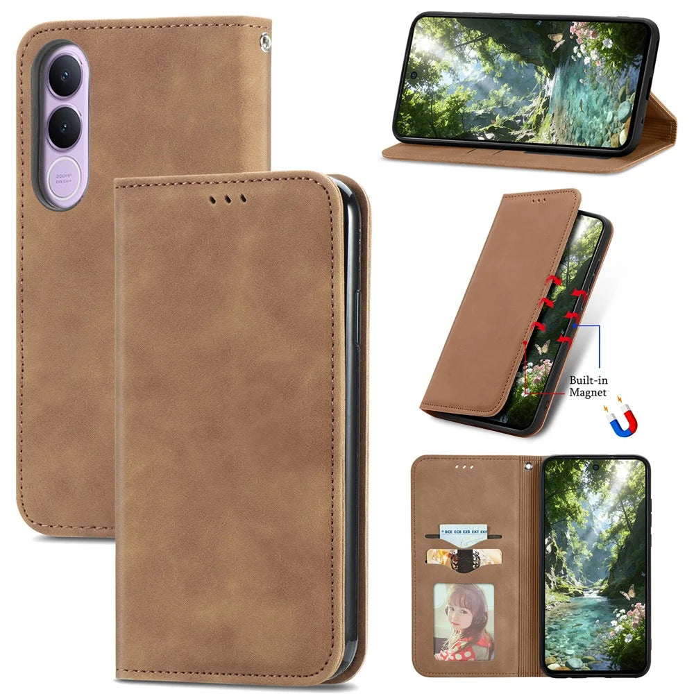For vivo V70 FE 5G Leather Case with Card Holder Magnetic Absorption Phone Cover - Brown - 1
