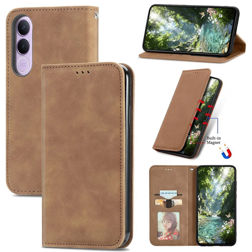 For vivo V70 FE 5G Leather Case with Card Holder Magnetic Absorption Phone Cover - Brown - 1