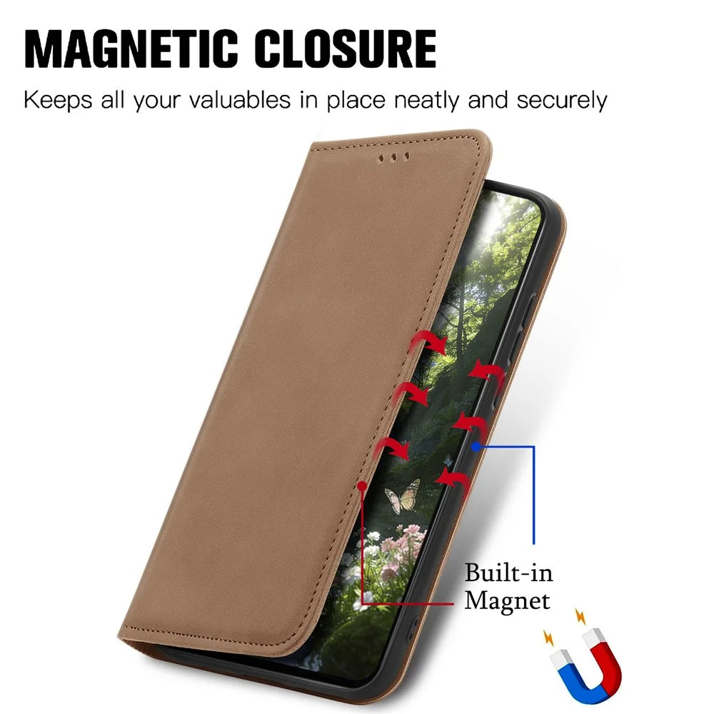 For vivo V70 FE 5G Leather Case with Card Holder Magnetic Absorption Phone Cover - Brown - 4