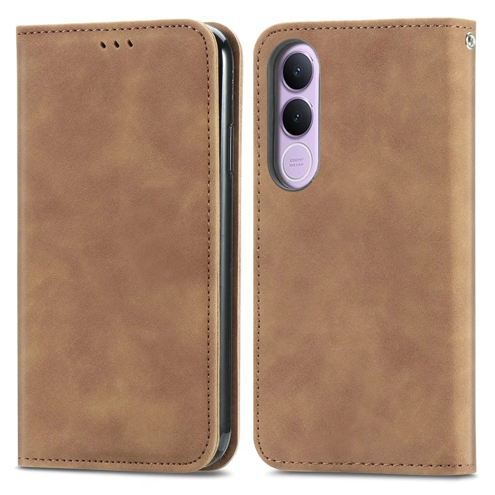 For vivo V70 FE 5G Leather Case with Card Holder Magnetic Absorption Phone Cover - Brown - 5