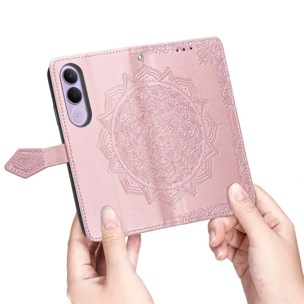 For vivo V70 FE 5G Wallet Case Mandala Flower Leather Phone Cover Stand - Rose Gold - 4