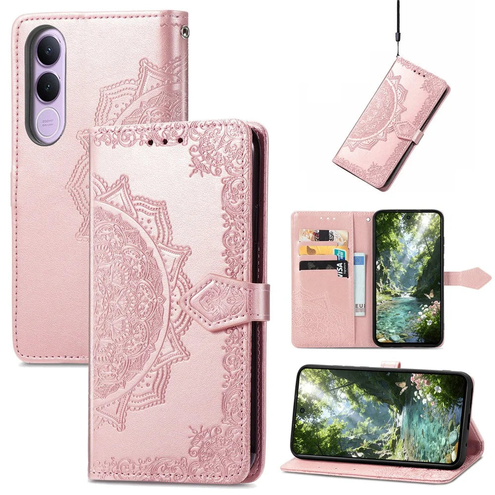 For vivo V70 FE 5G Wallet Case Mandala Flower Leather Phone Cover Stand - Rose Gold - 6