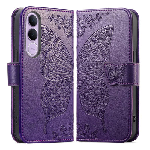 For vivo V70 FE 5G Case with Strap Butterfly Pattern PU Leather Wallet Phone Cover - Dark Purple - 1
