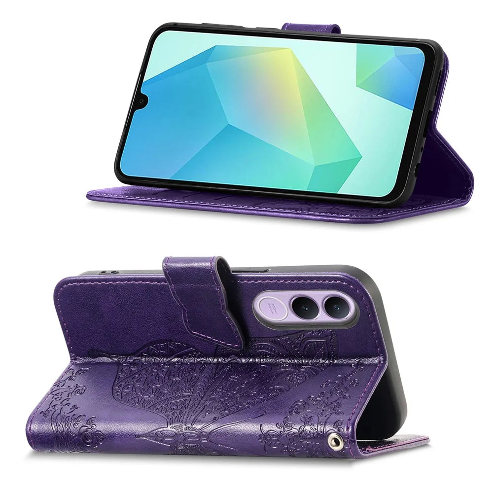 For vivo V70 FE 5G Case with Strap Butterfly Pattern PU Leather Wallet Phone Cover - Dark Purple - 2