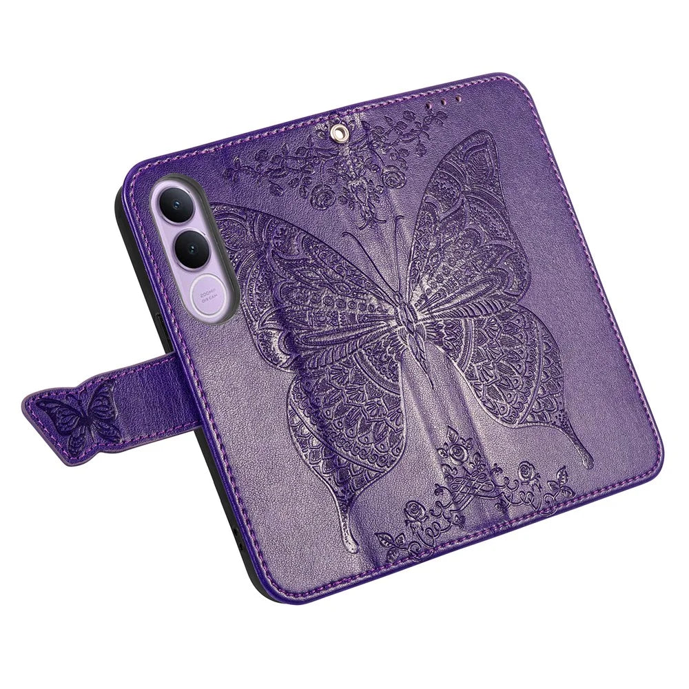 For vivo V70 FE 5G Case with Strap Butterfly Pattern PU Leather Wallet Phone Cover - Dark Purple - 3