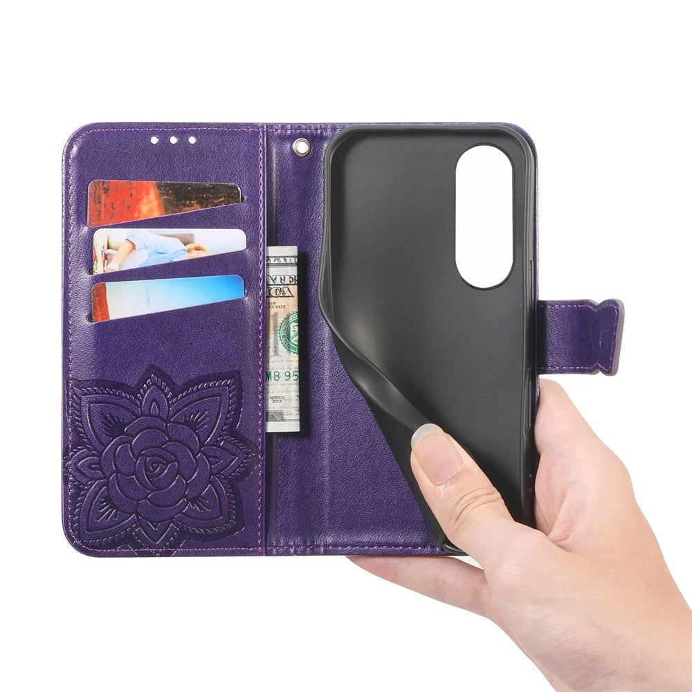 For vivo V70 FE 5G Case with Strap Butterfly Pattern PU Leather Wallet Phone Cover - Dark Purple - 4