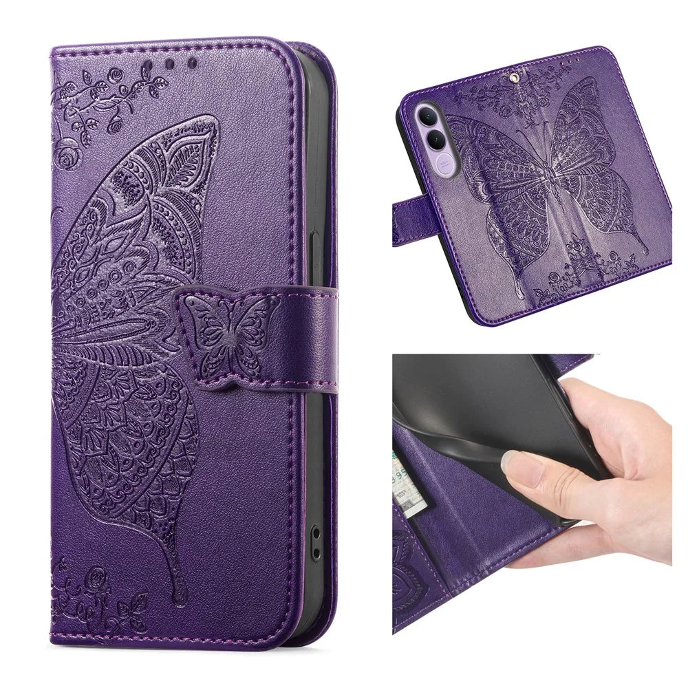 For vivo V70 FE 5G Case with Strap Butterfly Pattern PU Leather Wallet Phone Cover - Dark Purple - 5