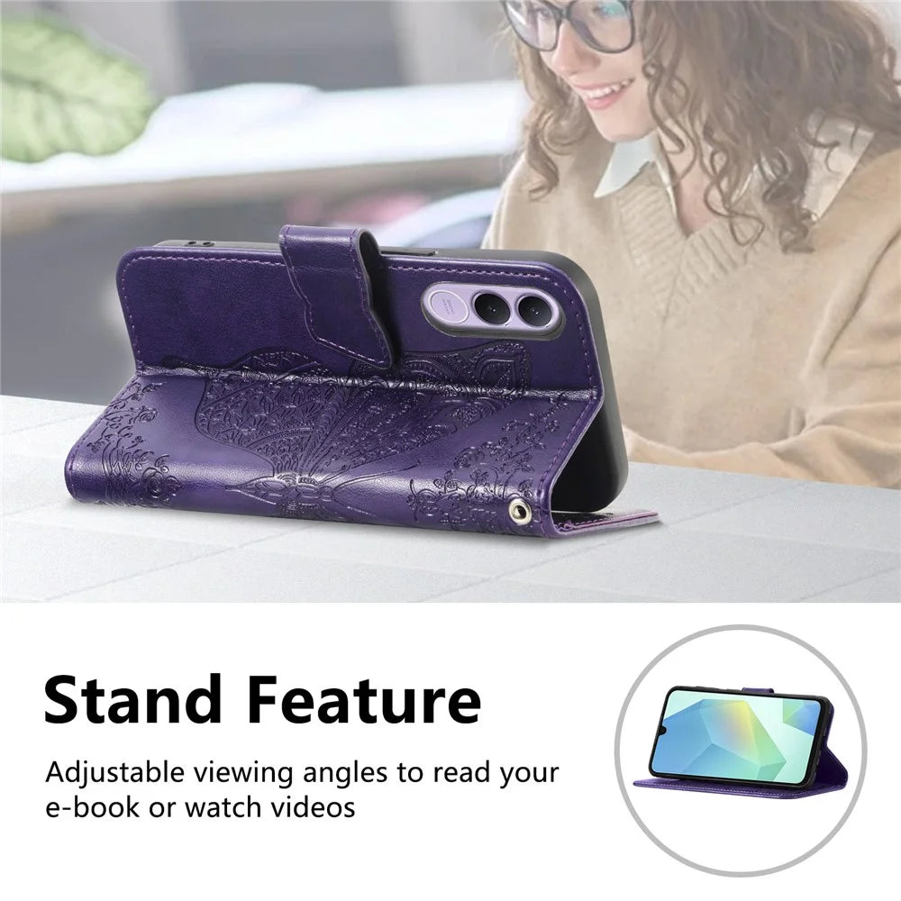 For vivo V70 FE 5G Case with Strap Butterfly Pattern PU Leather Wallet Phone Cover - Dark Purple - 6