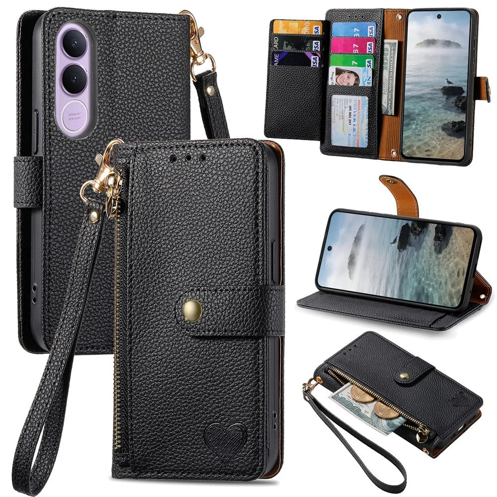 For vivo V70 FE 5G Case RFID Blocking Zipper Pocket Leather Wallet Phone Cover with Strap - Black - 1