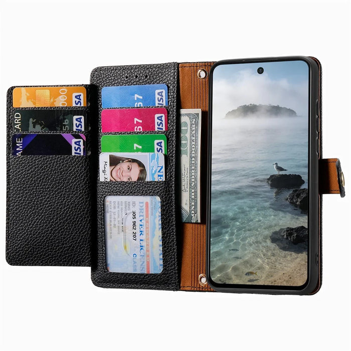For vivo V70 FE 5G Case RFID Blocking Zipper Pocket Leather Wallet Phone Cover with Strap - Black - 2