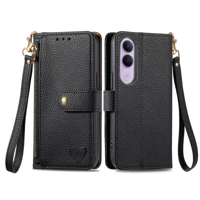 For vivo V70 FE 5G Case RFID Blocking Zipper Pocket Leather Wallet Phone Cover with Strap - Black - 4