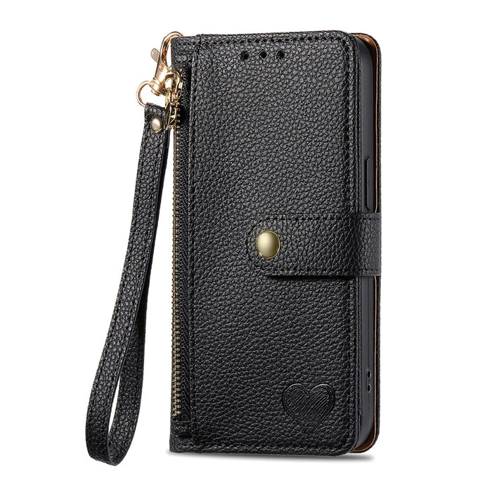 For vivo V70 FE 5G Case RFID Blocking Zipper Pocket Leather Wallet Phone Cover with Strap - Black - 5