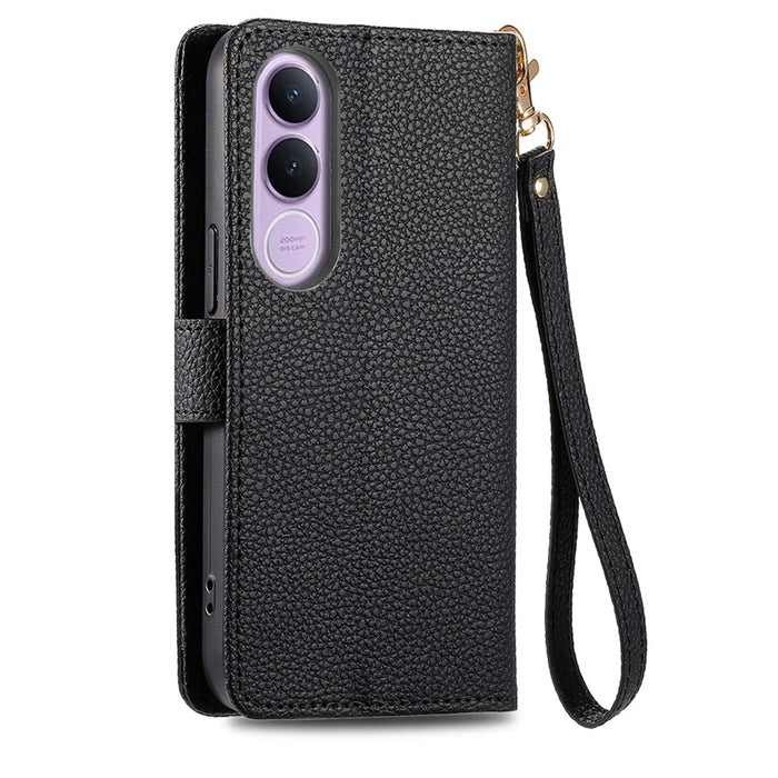 For vivo V70 FE 5G Case RFID Blocking Zipper Pocket Leather Wallet Phone Cover with Strap - Black - 6