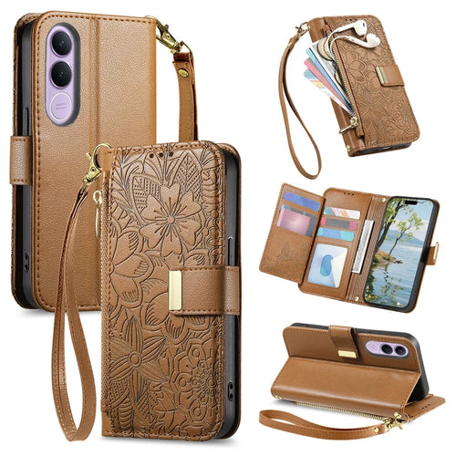 For vivo V70 FE 5G Case Floral Leaf Pattern Multi Card Slots Zipper Leather Phone Cover with Wrist Strap - Brown - 1