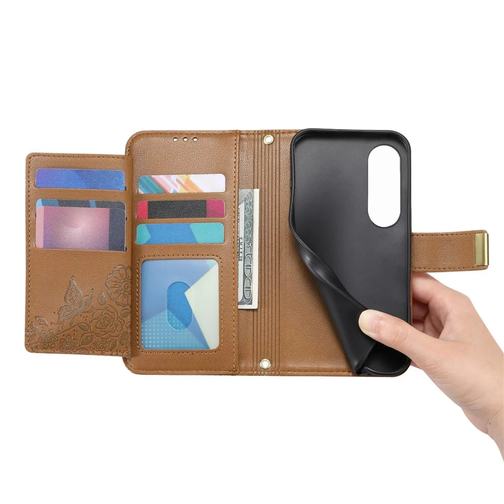 For vivo V70 FE 5G Case Floral Leaf Pattern Multi Card Slots Zipper Leather Phone Cover with Wrist Strap - Brown - 2