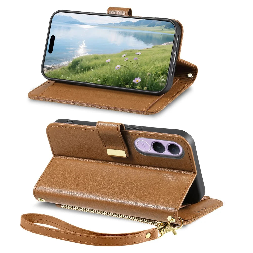 For vivo V70 FE 5G Case Floral Leaf Pattern Multi Card Slots Zipper Leather Phone Cover with Wrist Strap - Brown - 3