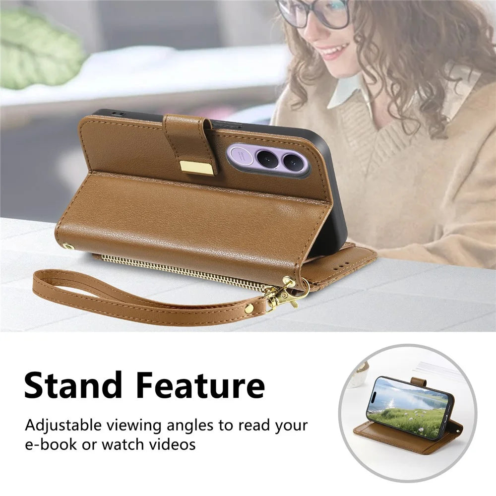For vivo V70 FE 5G Case Floral Leaf Pattern Multi Card Slots Zipper Leather Phone Cover with Wrist Strap - Brown - 4