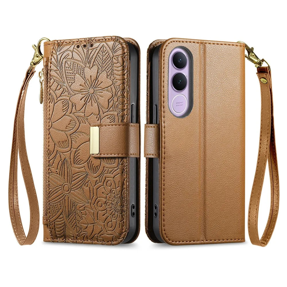 For vivo V70 FE 5G Case Floral Leaf Pattern Multi Card Slots Zipper Leather Phone Cover with Wrist Strap - Brown - 5