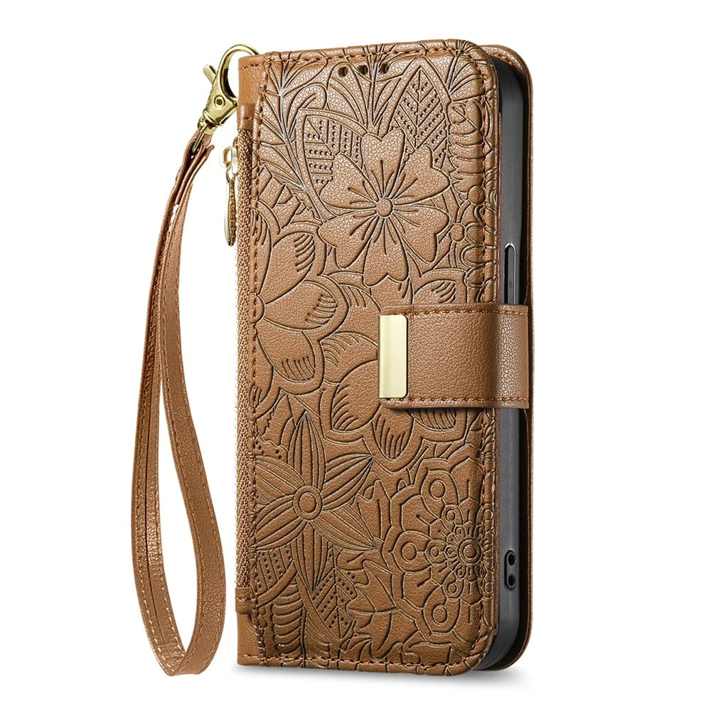 For vivo V70 FE 5G Case Floral Leaf Pattern Multi Card Slots Zipper Leather Phone Cover with Wrist Strap - Brown - 6