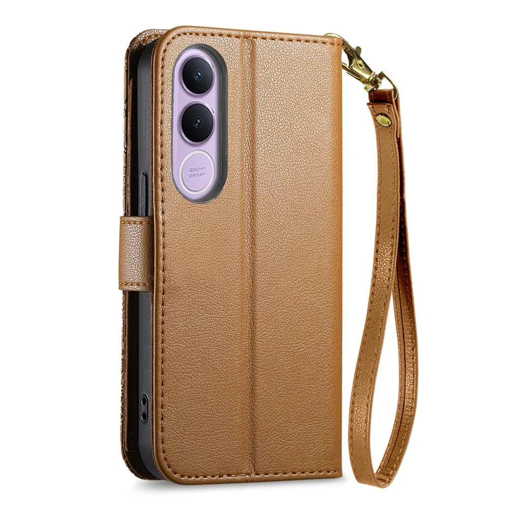 For vivo V70 FE 5G Case Floral Leaf Pattern Multi Card Slots Zipper Leather Phone Cover with Wrist Strap - Brown - 7