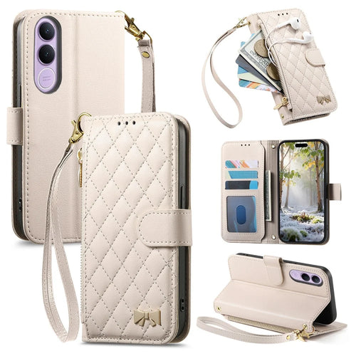 For vivo V70 FE 5G Stand Case Imprint TPU PU Leather Zipper Pocket Wallet Phone Cover with Strap - White - 1
