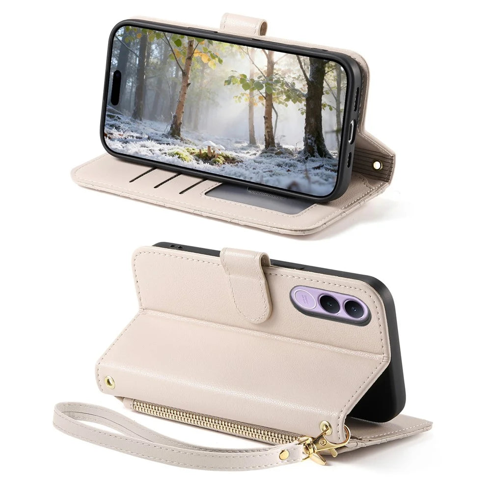 For vivo V70 FE 5G Stand Case Imprint TPU PU Leather Zipper Pocket Wallet Phone Cover with Strap - White - 3