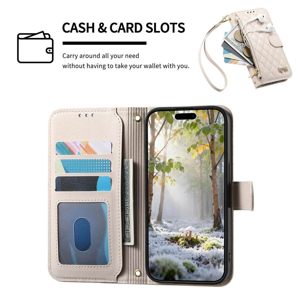 For vivo V70 FE 5G Stand Case Imprint TPU PU Leather Zipper Pocket Wallet Phone Cover with Strap - White - 6