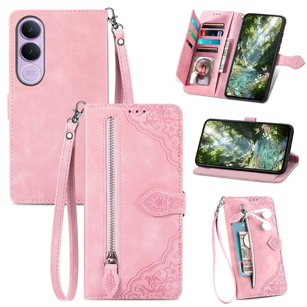 For vivo V70 FE 5G Zipper Wallet Case with Strap Flower Imprint PU Leather Phone Cover - Pink - 1