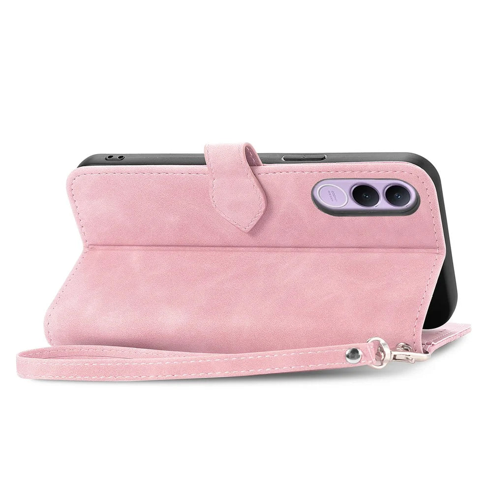 For vivo V70 FE 5G Zipper Wallet Case with Strap Flower Imprint PU Leather Phone Cover - Pink - 4